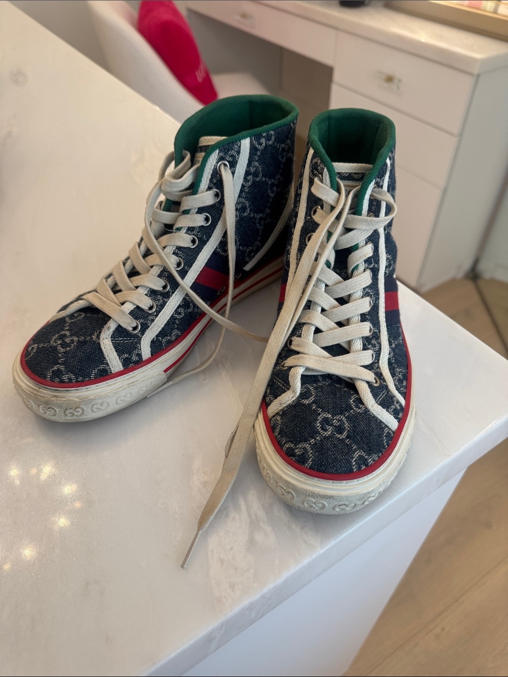 Gucci Denim GG High-Top Sneakers in Blue with Red & Green Accents